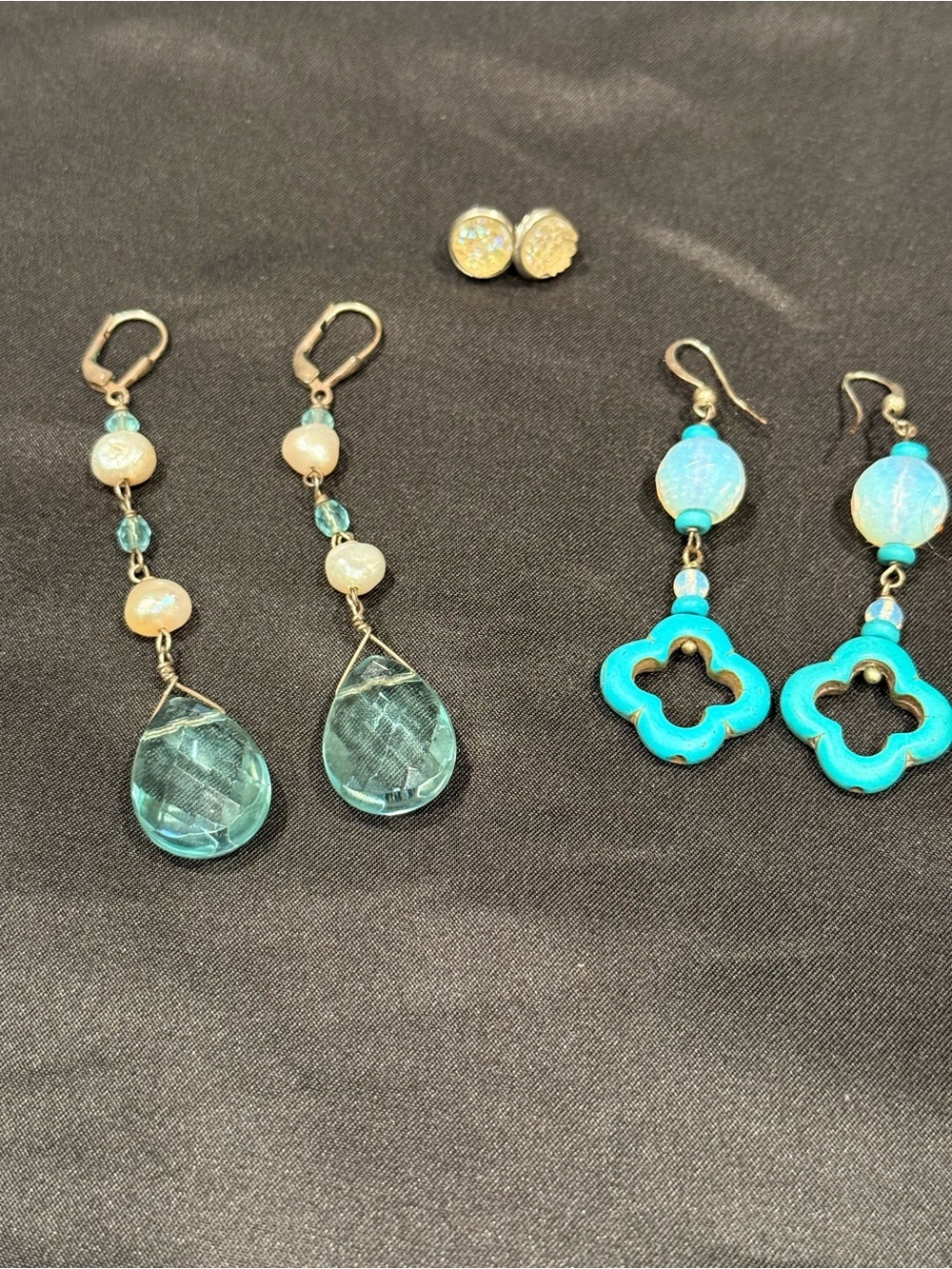 3 Pairs Earrings Druzy Quartz Studs + Blue Topaz Crystal Drops +Turquoise Clover - Picture 5 of 13